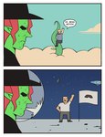 armor asteroid bald beard bodily_fluids cloud dialogue duo facial_hair female flag flat_earth gesture hair headgear helmet magic_user male mustache nervous_sweat red_hair salute space standing sweat text witch bonnymama7 jojo's_bizarre_adventure elphaba_(bonnymama7) kars_(jjba) human humanoid mammal absurd_res comic english_text hi_res