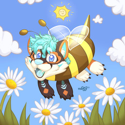 anthro bee_costume clothing cloud cute_fangs daisy_(flower) fangs flower grass happy male plant smile solo sun teeth naoto canid canine canis domestic_dog mammal shiba_inu spitz 1:1 absurd_res hi_res