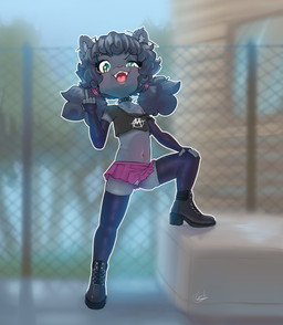 anthro armwear biped black_armwear black_body black_clothing black_crop_top black_elbow_gloves black_footwear black_fur black_gloves black_hair black_handwear black_legwear black_nose black_shirt black_shoes black_stockings black_topwear claws clothed clothing collar crop_top day ear_piercing elbow_gloves eyebrow_piercing eyebrow_ring eyebrows facial_piercing female flat_chested footwear fur gesture gesturing_at_viewer gloves green_eyes hair hand_gesture handwear legwear looking_at_viewer middle_finger midriff navel open_mouth outside panty_peek piercing pigtails pink_miniskirt ring_piercing shirt shoes skimpy solo spiked_collar spikes step_pose stockings teeth tongue topwear young young_anthro young_female galo molly_(sicmop) bear mammal 2025 absurd_res hi_res