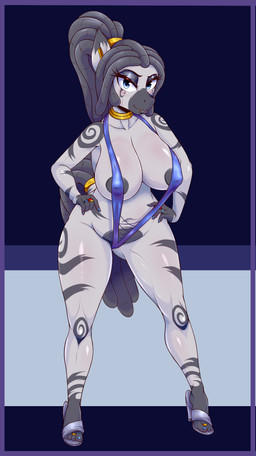 anthro bikini clothing colored_nails digit_ring dreadlocks eyelashes facial_piercing feet female footwear gold_(metal) hair hands_on_hips jewelry lip_piercing looking_at_viewer nails navel one-piece_swimsuit piercing ring sling_bikini solo swimwear toe_ring toes two-piece_swimsuit flame-lonewolf hasbro my_little_pony fan_character niah_(oc) equid equine mammal zebra 2017 digital_media_(artwork) hi_res