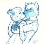 anthro biped collar cross duo eyes_closed fur hair hug jewelry kissing male male/male markings navel nude pendant romantic romantic_couple short_hair simple_background snout spots spotted_body spotted_fur text white_background narffet jake_(stripes) salem_(stripes) cheetah felid feline hyena mammal spotted_hyena 2013 blue_and_white english_text monochrome pen_(artwork) signature traditional_media_(artwork)