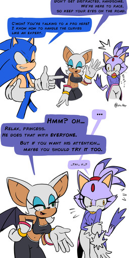 anthro blush female flirting flirting_look gasp gesture group hair hand_gesture hero humor innuendo lidded_eyes male male/female one_eye_closed pointing ponytail princess royalty smile speech_bubble sportswear text trio waving_hand wink xao_art sega sonic_racing:_crossworlds sonic_the_hedgehog_(series) blaze_the_cat rouge_the_bat sonic_the_hedgehog bat domestic_cat eulipotyphlan felid feline felis hedgehog mammal absurd_res english_text hi_res