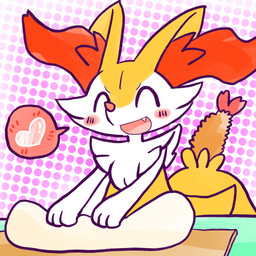 ^o^ ambiguous_anthro ambiguous_gender anthro biped blush blush_stickers cooking cute_fangs dough fangs food front_view furniture heart_symbol object_in_tail open_mouth open_smile shrimp_(food) simple_background smile snout solo speech_bubble standing table tail teeth annyui0611 nintendo pokemon braixen canid generation_6_pokemon mammal pokemon_(species) 1:1 2024 digital_drawing_(artwork) digital_media_(artwork) half-length_portrait hi_res japanese_description pictographics portrait translated_description