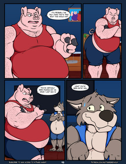anthro arm_hair ashtray belly belly_hair big_belly black_nose blue_bottomwear blue_clothing blue_shorts blue_topwear blue_vest bodily_fluids body_hair bottomwear chest_hair cigar clothed clothed_male clothing coffee_table container cup dialogue duo electronics facial_hair fangs fully_clothed fully_clothed_male fupa fur furniture grey_body grey_fur hairy hairy_body hairy_legs hairy_man huge_belly larger_male leg_hair long_snout male musclegut muscular muscular_anthro muscular_arm muscular_arms muscular_male navel overweight overweight_anthro overweight_male picture_frame pink_body red_clothing red_shirt red_tank_top red_topwear shirt shorts shoulder_hair size_difference snout speech_bubble sweat sweatdrop table tall_male tank_top teeth television text topwear vest huttsergreywolf fairy_tales the_three_little_pigs big_bad_wolf bigby_(huttsergreywolf) canid canine canis domestic_pig mammal suid suine sus_(pig) wolf absurd_res comic english_text hi_res url