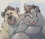 anthro belly blush bodily_fluids brown_hair cute_fangs duo eyes_closed eyewear fangs glasses grey_body hair horn kemono looking_down male open_mouth overweight overweight_male sweat teeth train_(artist) hyena mammal rhinoceros spotted_hyena 2022