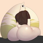 anthro big_butt blep bottomless butt clothed clothing female fur horn huge_butt huge_ears huge_hips looking_back partially_clothed rear_view scut_tail shirt short_tail simple_background sitting solo t-shirt tail tan_background thick_thighs tongue tongue_out topwear white_body white_fur wide_hips blazethefox bandai_namco digimon terri_(blazethefox) digimon_(species) mammal terriermon 1:1 2025 hi_res