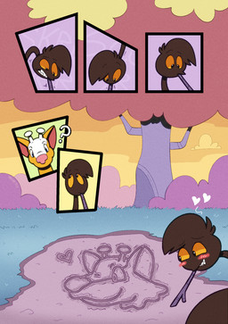 ambiguous_gender antlers blush blush_lines brown_body brown_fur dirt fur grass heart_symbol hearts_around_head horn orange_sclera pink_nose plant solo stick tree yellow_body yellow_fur trevor-fox nintendo pokemon kyp_(character) trevor-fox_(character) generation_2_pokemon girafarig pokemon_(species) comic hi_res
