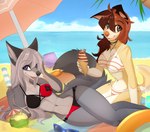 5_fingers anthro beach bikini breasts brown_eyes brown_hair clothed clothing day detailed_background duo eyebrows eyelashes female fingers fur grey_body grey_fur hair midriff navel open_mouth outside purple_eyes sand seaside shoreline sky smile swimwear teeth tongue two-piece_swimsuit water wolflady danika_(wolflady) canid canine canis domestic_dog fox mammal 2022 digital_media_(artwork)