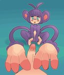 3_fingers absurd_res ambiguous_gender ambipom anthro big_ears big_hands blush blush_stickers colored_nails disembodied_penis duo feet fingers first_person_view generation_4_pokemon genitals hi_res human male mammal nails nintendo penis pokemon pokemon_(species) prehensile_tail purple_body rabidclone simple_background soles tail tongue tongue_out