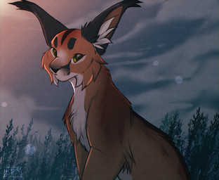 ambiguous_gender big_ears black_body black_ears black_fur black_nose brown_body brown_fur brown_inner_ear cheek_tuft cloud ear_tuft facial_tuft feral fluffy fur grass green_eyes looking_at_viewer markings multicolored_body multicolored_fur plant sky solo text tuft two_tone_body two_tone_fur white_body white_fur shyryp caracal caracal_(genus) felid feline mammal absurd_res digital_media_(artwork) english_text hi_res