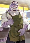 anthro apron areola barista beard biceps big_pecs biped blush bodily_fluids bottomwear bulge clothed clothing detailed_bulge eyebrows facial_hair fully_clothed fur genital_outline grey_nose holding_bulge male muscular muscular_anthro muscular_male nipple_fetish nipple_play nipples open_clothing open_mouth open_shirt open_topwear pants pecs penis_outline pose purple_body purple_fur purple_stripes shirt solo striped_body striped_fur stripes sweat tail teeth tongue topwear white_body white_fur yellow_eyes seatohao sadiend felid mammal pantherine tiger 2023 digital_media_(artwork) hi_res pinup