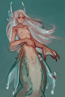 anus big_hands breasts brown_eyes claws fangs female fin genitals gills hair head_fin long_hair looking_at_viewer membrane_(anatomy) nipples nude small_breasts solo split_form teeth underwater vulva water webbed_hands white_hair syvaron aquatic humanoid merfolk 2:3 hi_res