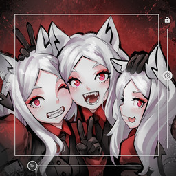blush breasts camera_view clothing fangs female gesture gloves group hair hand_gesture handwear looking_at_viewer open_mouth red_background red_eyes simple_background smile spade_tail tail teeth v_sign white_hair robot_cat helltaker cerberus_(helltaker) animal_humanoid canid canid_humanoid humanoid mammal mammal_humanoid 1:1 2020 sibling_(lore) triplets_(lore)