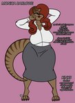 anthro blouse bottomwear clothing female hair information_section markings mature_female no_shoes peek-a-boo_bang red_hair simple_background skirt solo striped_body striped_markings striped_tail stripes tail tail_markings text topwear sketchybug monica_barlowe herpestid mammal mongoose english_text hi_res model_sheet