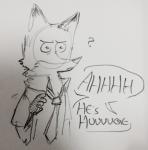 2016 anthro canid canine clothed clothing comic dialogue disney english_text fox fur hi_res male mammal monochrome nick_wilde nicolaswildes_(artist) question_mark red_fox simple_background solo text true_fox white_background zootopia