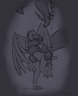 4_toes ambiguous_gender ambiguous_pred anisodactyl anthro avian_feet beak biped blush bodily_fluids breasts captured claws digitigrade drooling duo eyebrows eyewear feathered_wings feathers feet female female_prey forced front_view gaping_mouth genitals goggles grabbing hungry imminent_vore looking_up nipples non-mammal_breasts non-mammal_nipples nude on_one_leg open_beak open_mouth saliva simple_background size_difference solo_focus standing tail tail_feathers toes tongue tongue_out vore vulva wings katai avian bird monster 2018 dated digital_media_(artwork) full-length_portrait greyscale hi_res line_art monochrome portrait signature sketch