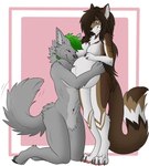 4_toes aldyderg anthro bianca_moonsong_(azeiron) black_nose breasts brown_hair brown_nose canid canine canis collar crystalberry digitigrade duo embrace featureless_breasts featureless_crotch feet female green_collar green_eyes green_hair hair hi_res hug long_hair male male/female mammal pawpads pregnant pregnant_female tail tail_motion tailwag toes wolf