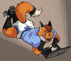 4_toes 5_fingers ambiguous_gender anthro black_body black_claws black_ear_tips black_fur black_nose black_tail blue_clothing blue_shirt blue_topwear claws clean_diaper clothed clothing computer diaper dipstick_ears dipstick_tail ear_markings electronics feet fingerless_(marking) fingerless_gloves_(marking) fingers fur gloves_(marking) grey_background grey_pawpads hair hand_on_face high-angle_view laptop leg_markings lying markings multicolored_body multicolored_ears multicolored_fur multicolored_tail on_front orange_body orange_fur orange_tail pawpads plantigrade red_hair shirt simple_background smile socks_(marking) solo tail tail_markings toe_claws toeless_(marking) toeless_socks_(marking) toes topwear typing wearing_diaper white_body white_diaper white_fur white_inner_ear white_tail white_tail_tip gingerail rye_(ominousfurry210) canid canine fox mammal 2019 full-length_portrait portrait
