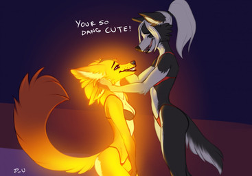4_ears anthro bed bikini bikini_thong black_body black_fur black_lips black_nose bra breasts cleavage clothed clothed_female clothing dipstick_tail dominant dominant_female duo ear_rub eye_contact female female/female fur furniture gloves_(marking) glowing glowing_body glowing_fur hair half-closed_eyes highleg highleg_bikini highleg_bottomwear highleg_swimwear kneeling lingerie lips looking_at_another looking_down looking_down_at_another looking_down_at_partner looking_up_at_another looking_up_at_partner magic markings midriff multi_ear narrowed_eyes open_mouth panties rubbing_ear skimpy slim small_breasts smile smiling_at_another smiling_at_partner standing standing_over string_bikini submissive submissive_female swimwear tail tail_markings thong two-piece_swimsuit underwear whisker_spots white_hair yellow_body yellow_fur discreet_user mylar_(discreet_user) canid canine canis domestic_dog fox fyre_fox husky mammal nordic_sled_dog spitz 2022 character_request