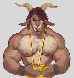 5_fingers abstract_background anthro arm_hair athletic athletic_anthro athletic_male athletic_wear big_muscles black_hair body_hair bovid_horn brown_body caprine_horn chest_hair clothed clothing clothing_pull fingers goat_horn grey_background hair head_horn horn looking_at_viewer male muscular muscular_anthro muscular_male nipples revealing_outfit seducing_viewer shirt shirt_pull short_male simple_background skimpy smile smiling_at_viewer smirk smirking_at_viewer solo stretched_clothing tank_top tank_top_pull text topwear topwear_pull yellow_clothing yellow_shirt yellow_tank_top yellow_topwear purplebirdman william_(falcon_mccooper) bovid caprine goat mammal 2026 colored colored_sketch compression_artifacts digital_media_(artwork) digital_painting_(artwork) english_text full-length_portrait hi_res painting_(artwork) portrait shaded sketch