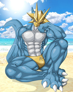 abs anthro armor beach blue_body bulge clothing headgear helmet male muscular muscular_anthro muscular_male pecs solo speedo swimwear guzu_kuo bandai_namco digimon digimon_(species) magnamon scalie 4:5
