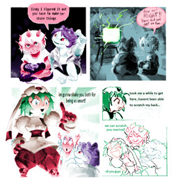 3_horns 5_fingers ^_^ anthro black_eyes black_text blue_body blue_fur blue_inner_ear clothing controller dialogue electronics ellipsis exclamation_point eyelashes eyes_closed female female_humanoid fingers fur game_controller gesture green_eyes green_hair green_text group hair hand_gesture hand_on_hip hand_on_own_hip happy holding_controller holding_game_controller holding_object holding_with_two_hands horn machine male male_anthro multi_horn name_drop open_mouth open_smile playing_game pointing pupils purple_hair question_mark red_body red_ears red_eyes red_horn red_skin scratching scratching_back shirt sitting smile talking_to_another television text topwear trio white_clothing white_hair white_pupils white_sclera white_shirt white_topwear stingercorps mischief_makers catfang_(stingerwanjiro) marina_liteyears_(character) sindy_(stingerwanjiro) domestic_cat felid feline felis humanoid imp mammal robot 2020 comic english_text hi_res
