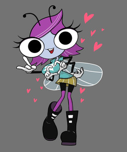 4_arms antennae_(anatomy) anthro big_breasts big_eyes black_boots black_clothing black_footwear blue_clothing blue_shirt blue_t-shirt blue_topwear boots bottomwear breasts cartoon_freckles clothing eyelashes female footwear freckled_face freckles gesture gloves grey_body grey_skin hair hand_gesture handwear heart_sign insect_wings long_eyelashes multi_arm multi_limb pink_clothing pink_footwear pink_hair pink_socks shirt shoes skirt socks solo t-shirt topwear v_sign white_clothing white_gloves white_handwear wings yellow_bottomwear yellow_clothing yellow_skirt kichatundk disney the_buzz_on_maggie maggie_pesky arthropod fly_(animal) insect 5:6 hi_res