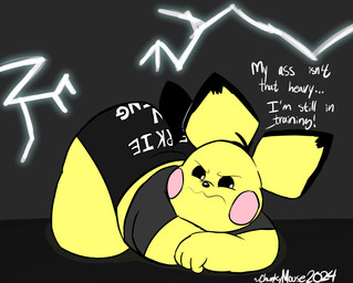 all_fours annoyed anthro ass_up big_butt black_bottomwear black_clothing black_ear_tips black_hair black_sclera black_tail bottomwear butt clothing dialogue dipstick_ears ear_markings electricity grey_clothing grey_shirt grey_topwear hair hotpants in_denial lightning_bolt male markings multicolored_ears pink_cheeks pose presenting presenting_hindquarters shirt shorts simple_background solo tail text text_on_bottomwear text_on_clothing thick_thighs topwear training twerking white_eyes wide_hips yellow_body yellow_ears chonkymouse nintendo pokemon pace_(blastoiseanimator) generation_2_pokemon pichu pokemon_(species) 2024 colored dated digital_drawing_(artwork) digital_media_(artwork) english_description english_text flat_colors hi_res pinup signature
