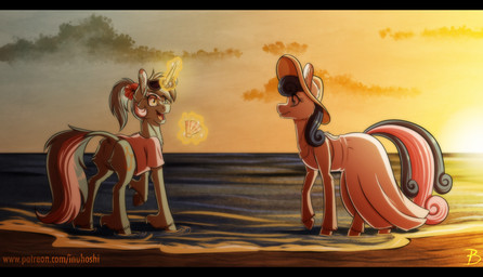 beach black_bars clothing cloud dress duo female feral horn levitation magic sand sea seashell seaside shell sun sunset text water inuhoshi-to-darkpen friendship_is_magic hasbro my_little_pony mythology bonbon_(mlp) lyra_heartstrings_(mlp) equid equine horse mammal mythological_creature mythological_equine pony unicorn hi_res letterbox url