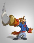 anthro black_nose cheek_tuft claws clothing eyebrows facial_tuft finger_claws fur holding_melee_weapon holding_object holding_sword holding_weapon male melee_weapon open_mouth simple_background solo sword teeth tongue tuft weapon spunky_(artist) disney talespin don_karnage canid canine canis mammal red_wolf wolf 2014