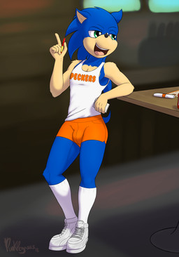 aglet anthro biped black_nose blue_body blue_fur bottomwear bulge clothed clothing clothing_cord dual_holding footwear fur green_eyes holding_note_pad holding_object holding_pen holding_writing_utensil hooters_uniform lacing leaning male note_pad notebook open_mouth pen print_clothing print_shirt print_tank_top print_topwear shirt shoelaces shoes shorts socks solo string_bow taking_order tank_top text text_on_clothing text_on_shirt text_on_tank_top text_on_topwear text_print tied_string topwear waiter writing_utensil punkpega femboy_hooters hooters sega sonic_the_hedgehog_(series) sonic_the_hedgehog eulipotyphlan hedgehog mammal 2018 absurd_res english_text hi_res