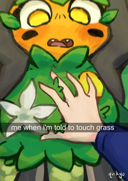 ambiguous_gender blush duo embarrassed fangs first_person_view hand_on_belly open_mouth teeth text tongue yellow_eyes quikyu nintendo pokemon generation_9_pokemon human humanoid legendary_pokemon mammal ogerpon pokemon_(species) teal_mask_ogerpon 2025 english_text hi_res signature female_(lore)