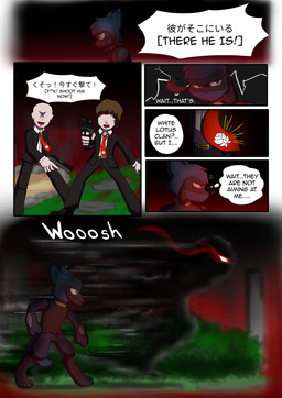 5_fingers 6_panel_comic accessory anthro belt biped black_text blue_body blue_fur brown_hair clothed clothing dialogue ellipsis exclamation_point fingers fur glowing glowing_eyes grass group gun hair holding_gun holding_object holding_ranged_weapon holding_weapon inner_monologue male motion_lines mouth_closed necktie open_mouth paws plant pointing_gun pupils ranged_weapon red_eyes red_necktie shrub simple_background sound_effects speech_bubble standing suit tail talking_to_another text thinking weapon white_sclera white_text novaarts nintendo pokemon pokemon_mystery_dungeon spike_chunsoft lu_(novaarts) canid canine generation_4_pokemon human humanoid mammal pokemon_(species) riolu 2026 absurd_res comic digital_media_(artwork) english_text hi_res japanese_text