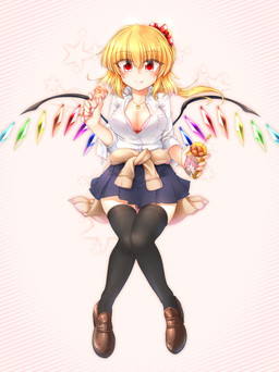 big_breasts blonde_hair blush bottomwear breasts cleavage clothed clothing fangs female food footwear hair happy holding_object jacket jewelry legwear necklace not_furry ponytail red_eyes ribbons shirt shoes sitting skirt smile solo teeth thigh_highs topwear unbuttoned_shirt white_body white_skin m9kndi touhou flandre_scarlet humanoid vampire hi_res