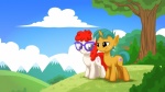 black_eyes cloud cutie_mark detailed_background duo eyewear female feral fur glasses grass green_hair hair horn male outside plant quadruped red_hair shrub sky tail tree wood yellow_body yellow_fur young young_feral mysticalpha friendship_is_magic hasbro my_little_pony mythology snails_(mlp) twist_(mlp) earth_pony equid equine horse mammal mythological_creature mythological_equine pony unicorn 16:9 digital_media_(artwork) hi_res widescreen