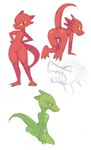 3_toes all_fours ambiguous_gender anthro anus claws feet female genitals green_body hi_res looking_at_viewer looking_back multiple_images navel nude open_mouth pussy raised_tail red_body scalie simple_background sketch smile solo standing tail teeth toes unknown_artist white_background yellow_eyes