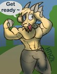 2_horns anthro big_penis bulge flexing flexing_bicep genitals half-erect horn male male_anthro muscular muscular_male penis solo hydethehybrid2000 cartoon_network regular_show thomas_(regular_show) bovid caprine goat mammal hi_res