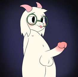 anthro balls big_penis black_eyes blush erection eyewear femboy fur genitals glasses gradient_background green_eyewear green_glasses hands_behind_back horn humanoid_genitalia humanoid_penis low-angle_view male nipples nude penis pink_horn presenting presenting_penis shota simple_background solo tongue tongue_out white_body white_fur young young_anthro young_male maseru deltarune undertale_(series) ralsei bovid caprine darkner goat mammal 2023 digital_drawing_(artwork) digital_media_(artwork)