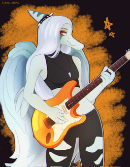 abstract_background anthro biped black_bottomwear black_clothing black_crop_top black_pants black_shirt black_topwear blue_body bone bone_frill bottomwear breasts clothed clothed_anthro clothed_female clothing crop_top electric_guitar feathered_wings feathers female fingers frill_(anatomy) front_view grey_body grey_feathers grey_hair guitar hair holding_guitar holding_musical_instrument holding_object humanoid_hands jewelry long_hair looking_at_viewer medium_breasts musical_instrument necklace non-mammal_breasts orange_eyes pants plucked_string_instrument pose shirt skull smile solo string_instrument text topwear torn_bottomwear torn_clothing torn_pants wings lenu_neru cavemanon_studios goodbye_volcano_high ko_op_(game_developer) snoot_game fang_(gvh) prehistoric_species pterosaur reptile scalie 2025 artist_name colored hi_res portrait three-quarter_portrait