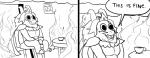 anthro beard chair clothed clothing container crown cup dialogue facial_hair fire furniture happy headgear horn humor male mature_anthro mature_male open_mouth parody sitting smile table text haaru this_is_fine undertale undertale_(series) asgore_dreemurr boss_monster_(undertale) bovid caprine mammal comic english_text meme monochrome