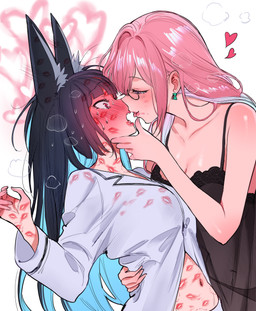 bite_mark black_hair blush blush_lines bodily_fluids breasts bruised cleavage clothed clothing duo ear_piercing embarrassed eyewear female female/female glasses hair half-closed_eyes heart_symbol hickey hug human_on_humanoid inner_ear_fluff interspecies kiss_mark kiss_mark_on_chest kiss_mark_on_face long_hair looking_at_another looking_at_partner medium_breasts motion_lines narrowed_eyes navel open_mouth pajamas piercing pink_hair shocked sweat sweaty_face tongue tongue_out tuft wearing_glasses qiandaiyiyu mihoyo zenless_zone_zero hoshimi_miyabi tsukishiro_yanagi animal_humanoid canid canid_humanoid canine canine_humanoid fox_humanoid human humanoid mammal mammal_humanoid absurd_res digital_drawing_(artwork) digital_media_(artwork) hi_res