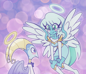 back_wings blue_body blue_eyes blue_hair blue_skin blush clothing dress duo feathered_wings feathers female green_eyes hair halo heart_(marking) horn long_hair male markings simple_background smile wings itoruna hellaverse helluva_boss blitzo_(helluva_boss) verosika_mayday angel angel_humanoid humanoid colored hi_res