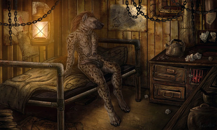 animal_genitalia anthro bed bedding bedroom biped black_pseudo-penis blanket breasts brown_body chain claws female fur furniture genitals inside lamp lantern mane markings mature_female multicolored_pseudo-penis nude paws penis pink_pseudo-penis pseudo-penis sagging_breasts solo spots spotted_body spotted_fur toddwolf astrid_(ciara) hyena mammal story story_in_description