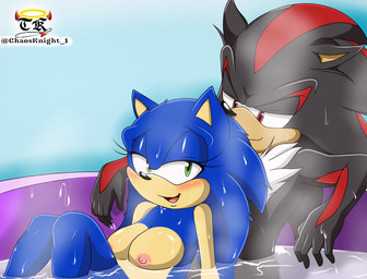 anthro bath bathing big_breasts black_nose blush breasts bubble chest_tuft crossgender duo eyelashes female green_eyes half-closed_eyes male male/female narrowed_eyes nipples open_mouth red_eyes smile steam tuft wet the_knight sega sonic_the_hedgehog_(series) shadow_the_hedgehog sonic_the_hedgehog eulipotyphlan hedgehog mammal