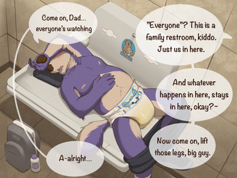 ageplay anthro baby_powder backpack bathroom blush bodily_fluids bottomwear bottomwear_down changing_station changing_table claws clothed clothing covering covering_face daddy_kink dialogue diaper diaper_change embarrassed footwear fur furgonomics furniture genital_fluids high-angle_view infantilism inside leaking_diaper lying male navel nipples offscreen_character offscreen_male on_back on_table open_mouth overweight overweight_anthro overweight_male pants pants_down partially_clothed pawpads peekabu_(diaper) public_restroom purple_body purple_fur restroom_stall roleplay shirt shoes sneakers socks solo speech_bubble table tail teeth text topless topless_male topwear unclean_diaper urine urine_pool used_diaper wearing_diaper wet wet_bottomwear wet_clothing wet_diaper wet_pants wetting tennettthedl abuniverse peekabu tennet canid canine canis domestic_dog mammal english_text hi_res