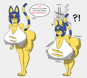 angry anthro big_breasts big_butt black_nose blue_hair breast_expansion breast_growth breasts butt butt_expansion clothing confusion cross-popping_vein dialogue expansion female fist fur growth hair height_reduction huge_breasts huge_butt long_ears looking_at_viewer markings onomatopoeia paws short_hair solo sound_effects speech_bubble striped_markings striped_tail stripes tail tail_markings text thick_thighs wardrobe_malfunction white_clothing yellow_body yellow_fur marshall123x_(artist) animal_crossing nintendo ankha_(animal_crossing) domestic_cat felid feline felis mammal hi_res