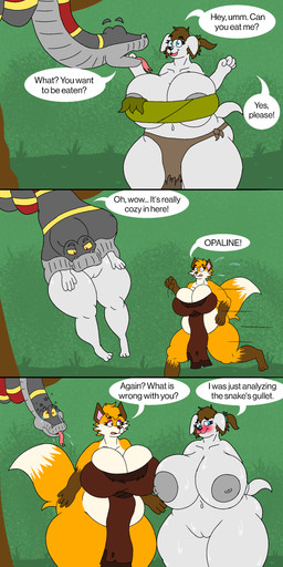 anthro anthro_prey areola areola_slip attempted_vore big_breasts blush breasts cleavage clothed clothing dialogue dizzy female feral feral_pred forked_tongue genitals huge_breasts nipples nude nude_anthro speech_bubble text thick_thighs tongue vore vore_request vulva wide_hips willing_prey tomodachismash_(artist) opaline_(tomodachismash) shelby_(tomodachi_smash) tex_(tomodachi_smash) canid canine canis domestic_dog fox mammal red_fox reptile scalie snake true_fox 1:2 absurd_res comic english_text hi_res