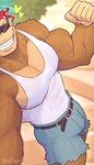 abs anthro barazoku belt biceps big_bulge big_muscles blurred_background bottomwear bulge caption clothed clothing denim denim_bottomwear denim_clothing denim_shorts eyewear fist flexing heart_symbol huge_muscles kerchief looking_at_viewer male manly muscular muscular_anthro muscular_male nails outside pecs seductive selfie shirt shorts smile solo standing sunglasses tank_top teeth tight_clothing topwear vein veiny_muscles wolf-con-f donkey_kong_(series) nintendo funky_kong ape gorilla haplorhine mammal primate hi_res