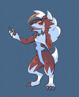 3_claws ambiguous_gender anthro blue_background claws ear_markings fangs feet floppy_ears fluffy fluffy_tail fur gloves_(marking) hair looking_up markings multicolored_body multicolored_fur open_mouth pupils red_body red_ears red_eyes red_pupils red_sclera simple_background snout solo standing tail teeth toe_claws tongue tongue_out white_body white_hair white_legs white_tail momensarada nintendo pokemon generation_7_pokemon lycanroc midnight_lycanroc pokemon_(species) 2023 absurd_res colored full-length_portrait hi_res portrait