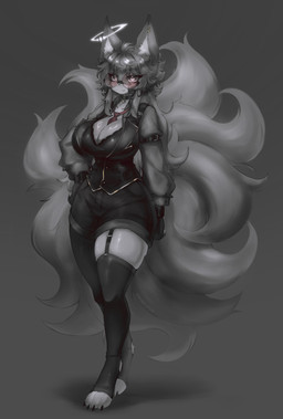 4_fingers aura band-aid bandage bell belt big_breasts black_clothing breasts clothed clothing collar ear_piercing ear_ring eyewear female fingers fur glasses grey_body grey_eyes grey_fur grey_hair hair huge_breasts legwear multi_tail piercing ring_piercing solo stockings tail thick_thighs shoko_steff shoko_(shoko_steff) canid canine fox mammal true_fox absurd_res digital_drawing_(artwork) digital_media_(artwork) hi_res